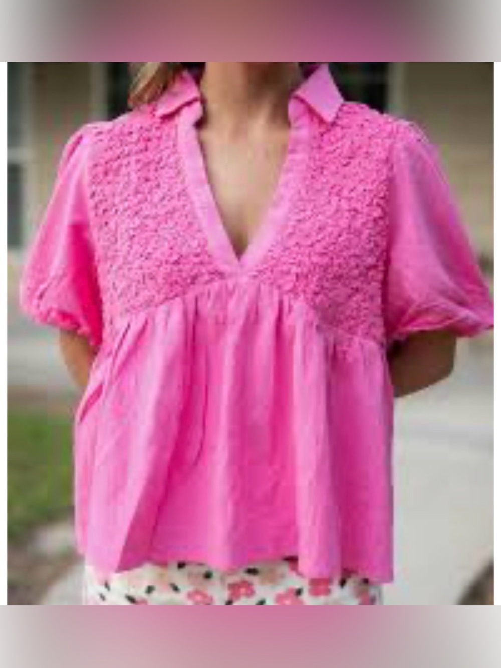Annie Wear Fuchsia Textured V-Neck Puff Sleeve Blouse